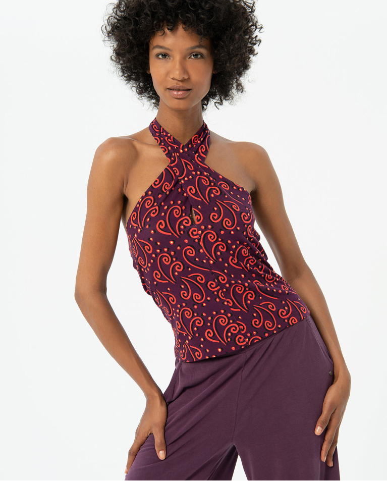 Printed halter neck short top Maroon