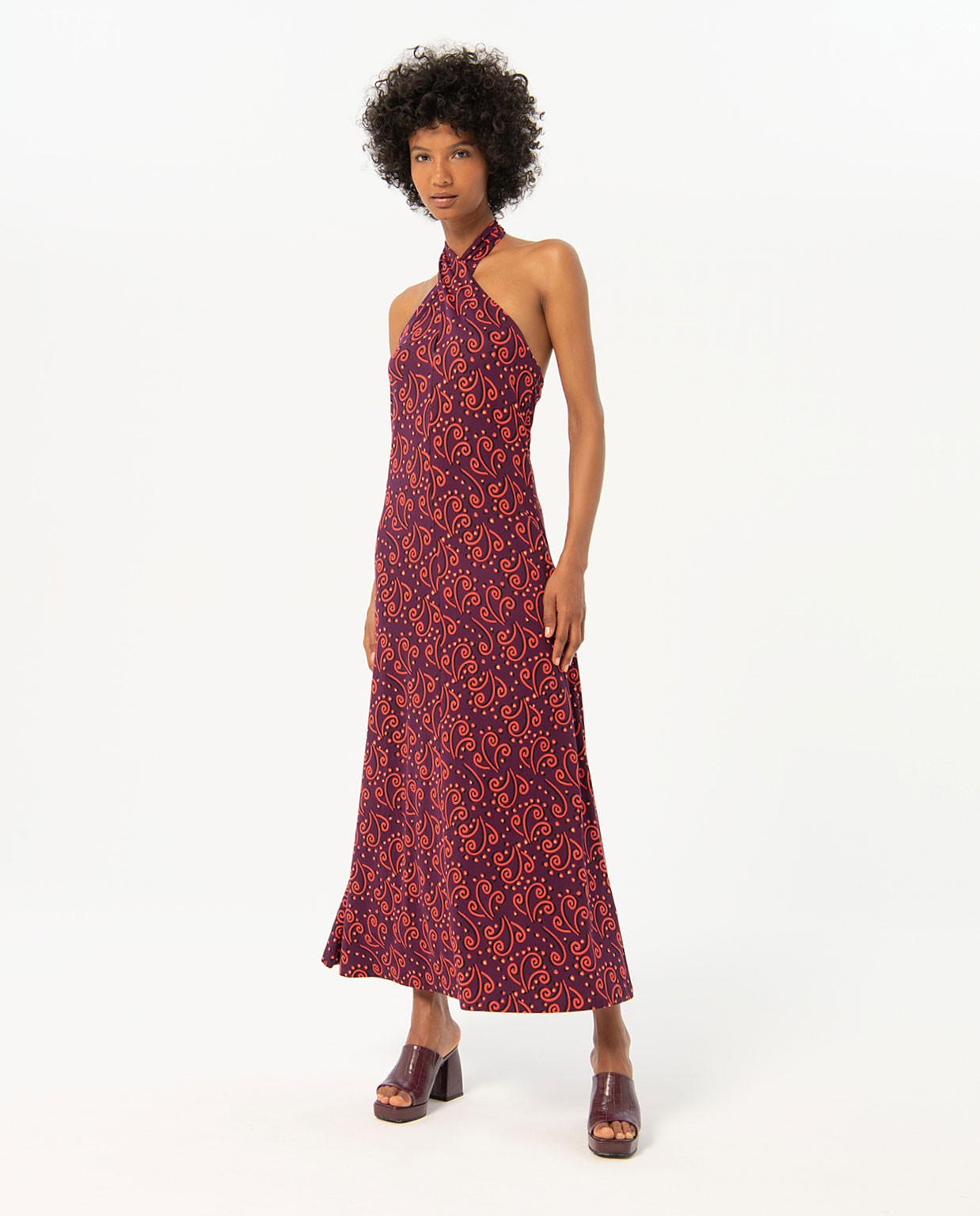 Printed halter neck long dress Maroon