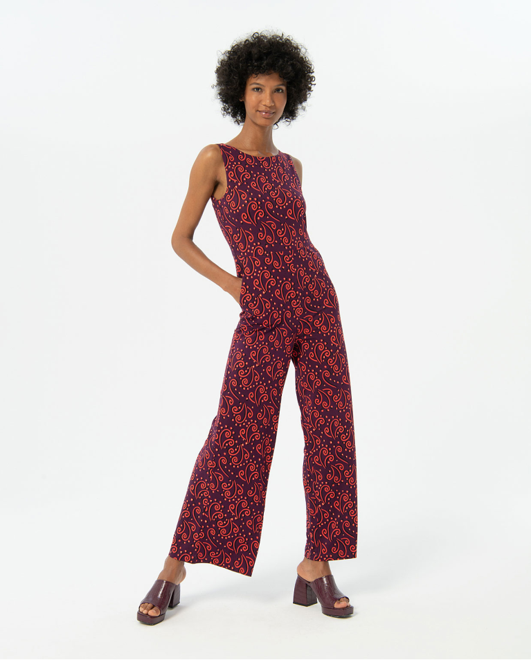 Printed sleeveless stretch jumpsuit Maroon