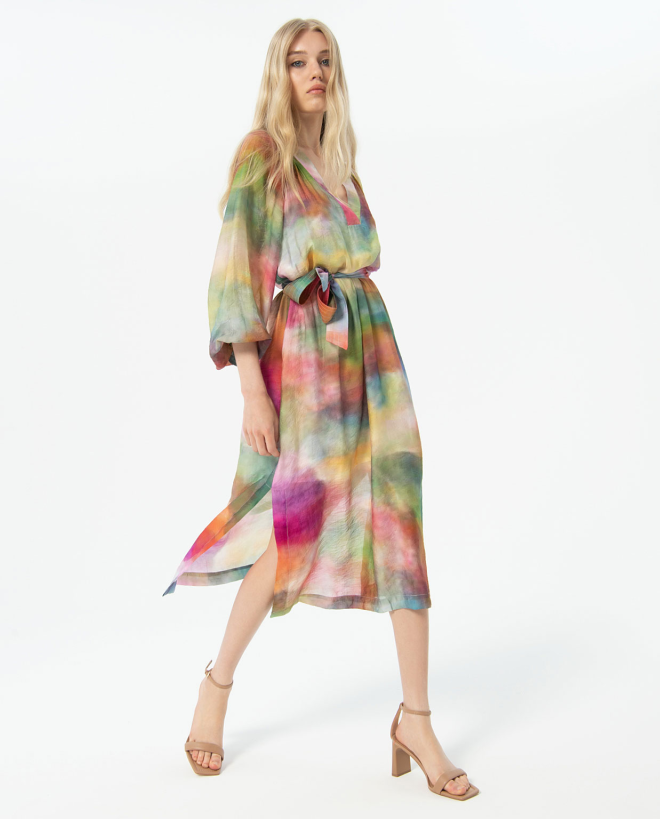 Vestido midi oversize con cinturón estampado Multi