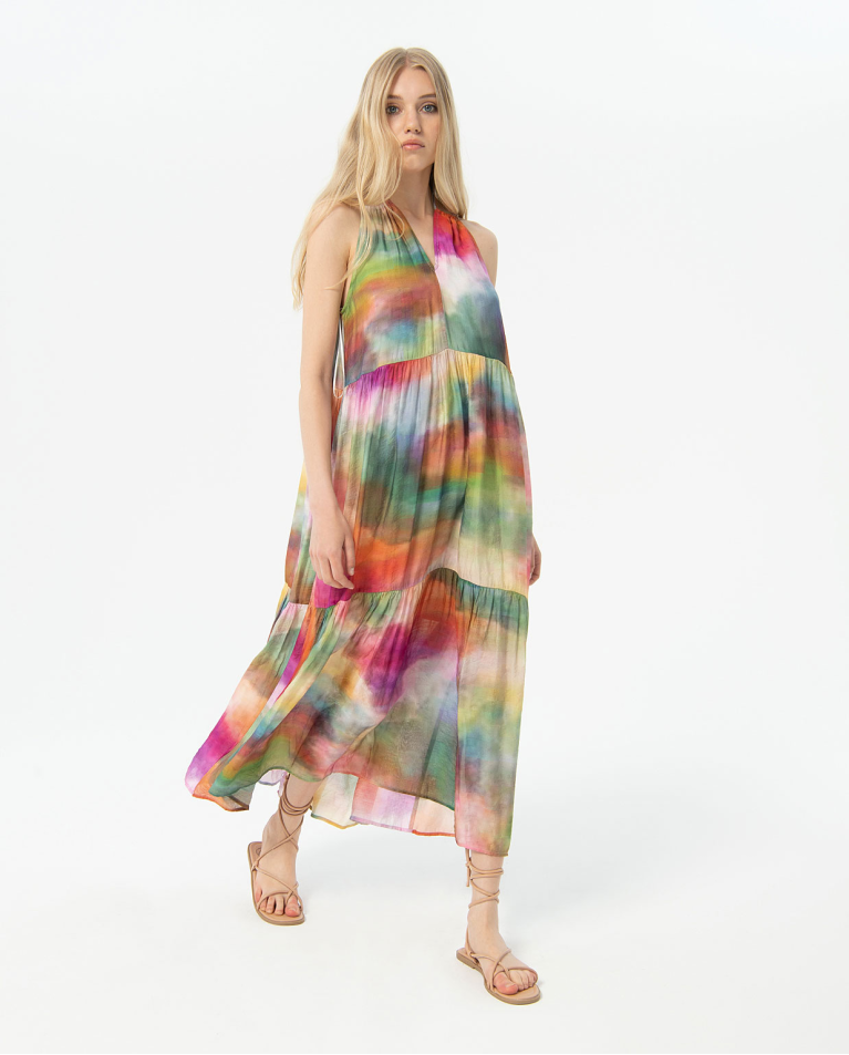 Robe longue oversize imprimée en satin Multi