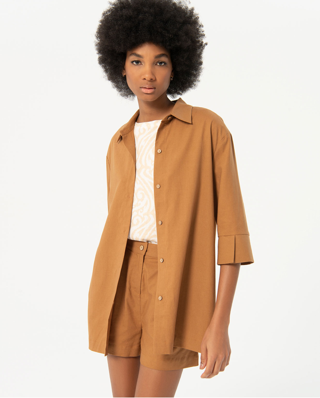 Chemise longue unie à manches 3/4 Camel