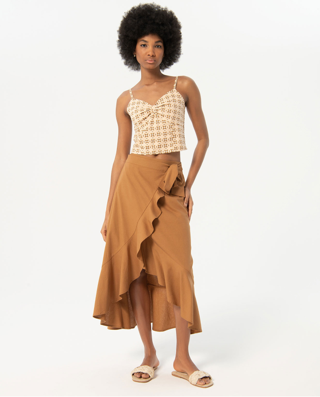 Plain ruffled sarong skirt Camel