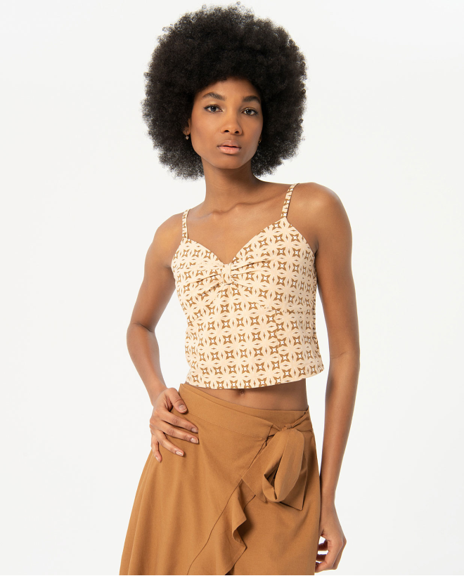 Printed strappy crop top Beige