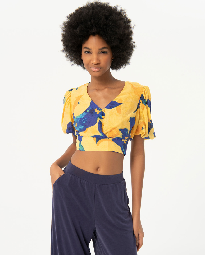 Crop top manga abullonada estampado Amarillo