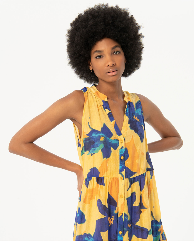 Printed sleeveless long dress Yellow