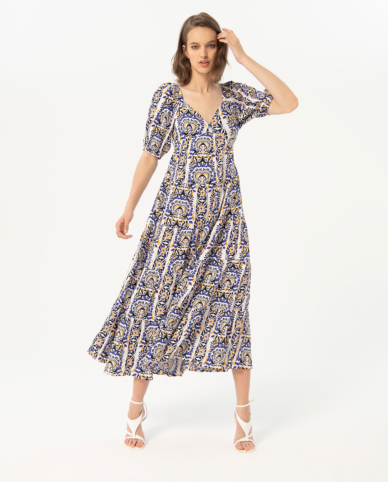 Printed puffed sleeve long dress White