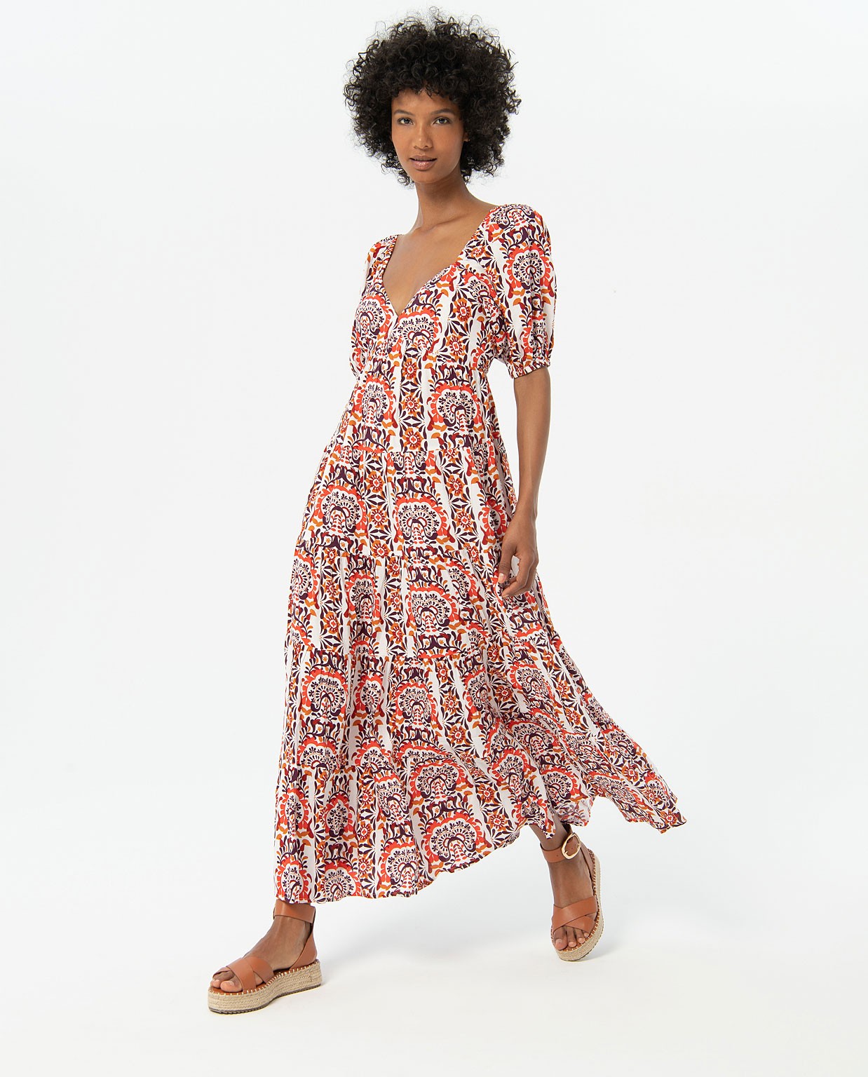 Robe longue imprimée à manches bouffantes Multi