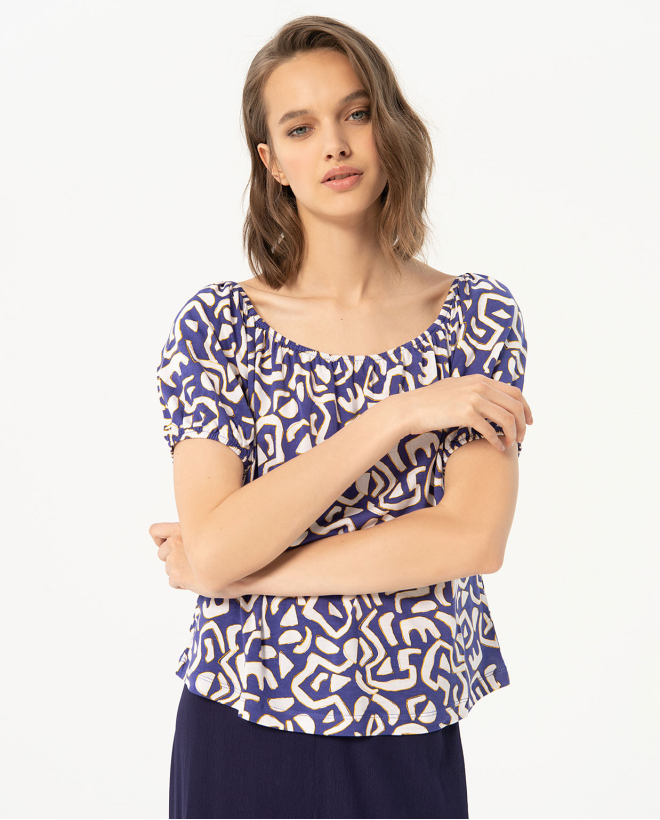 Blusa escote bardot estampada Azul