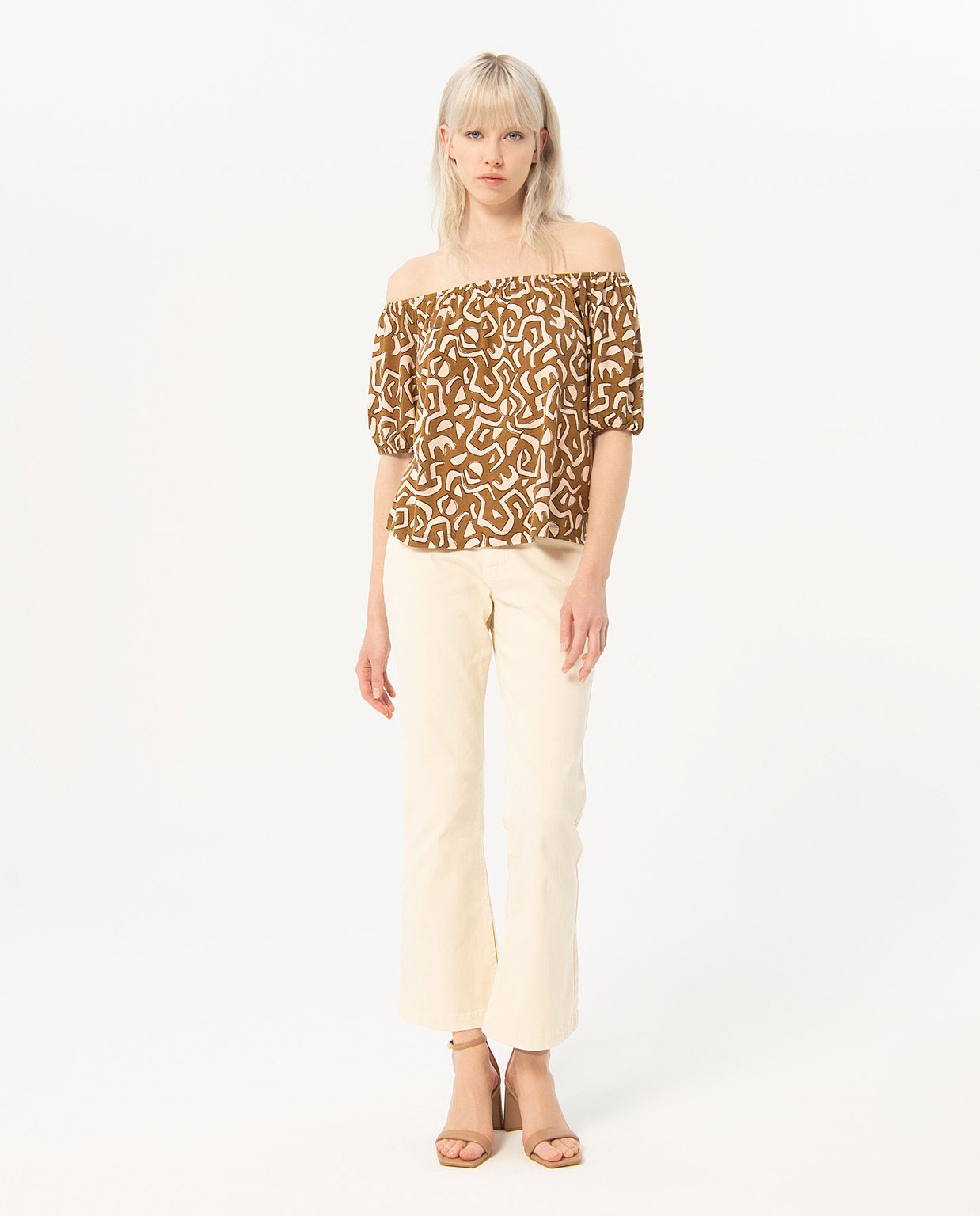 Printed bardot neckline blouse Khaki