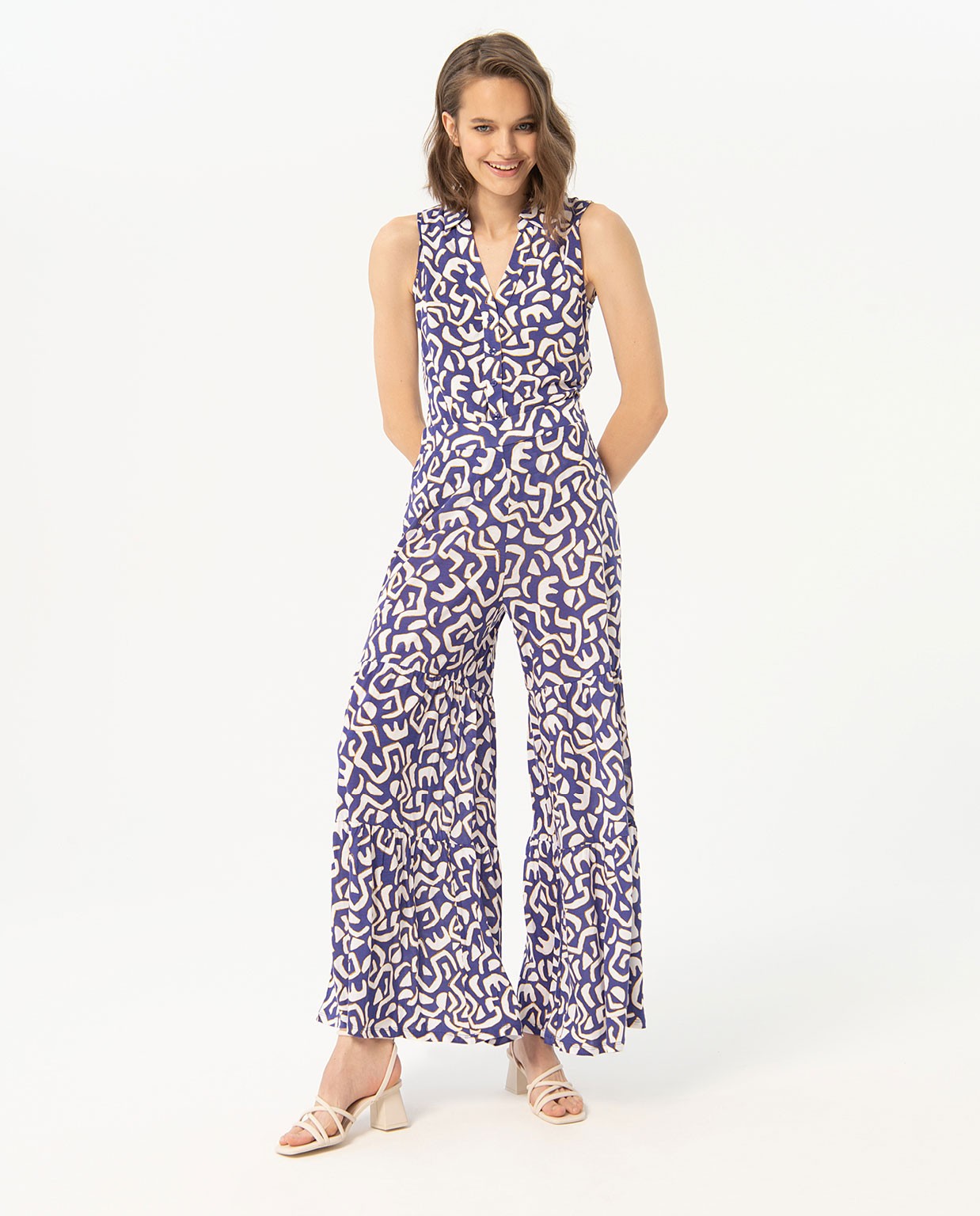 Printed ruffle long pants Blue