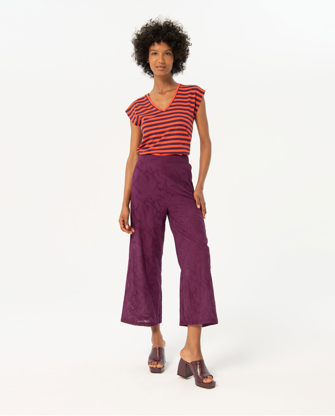 Pantalon long brodé et ajouré uni Grenat