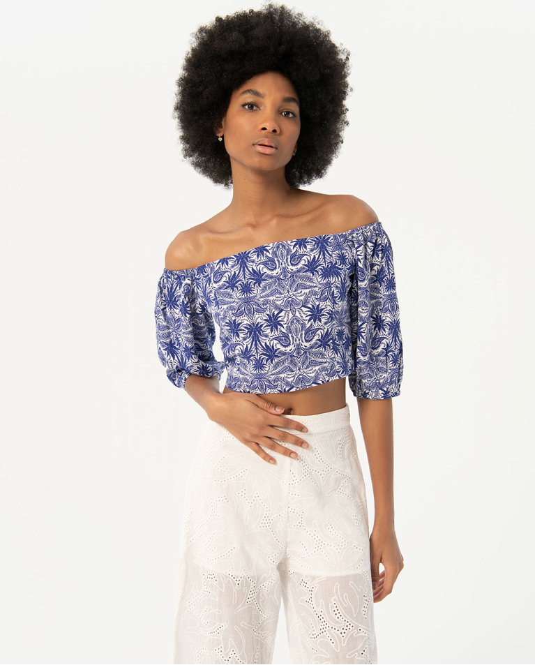 Off-shoulder crop top blouse Blue