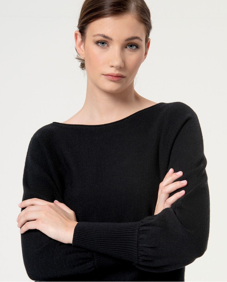 Plain puff sleeve sweater Black