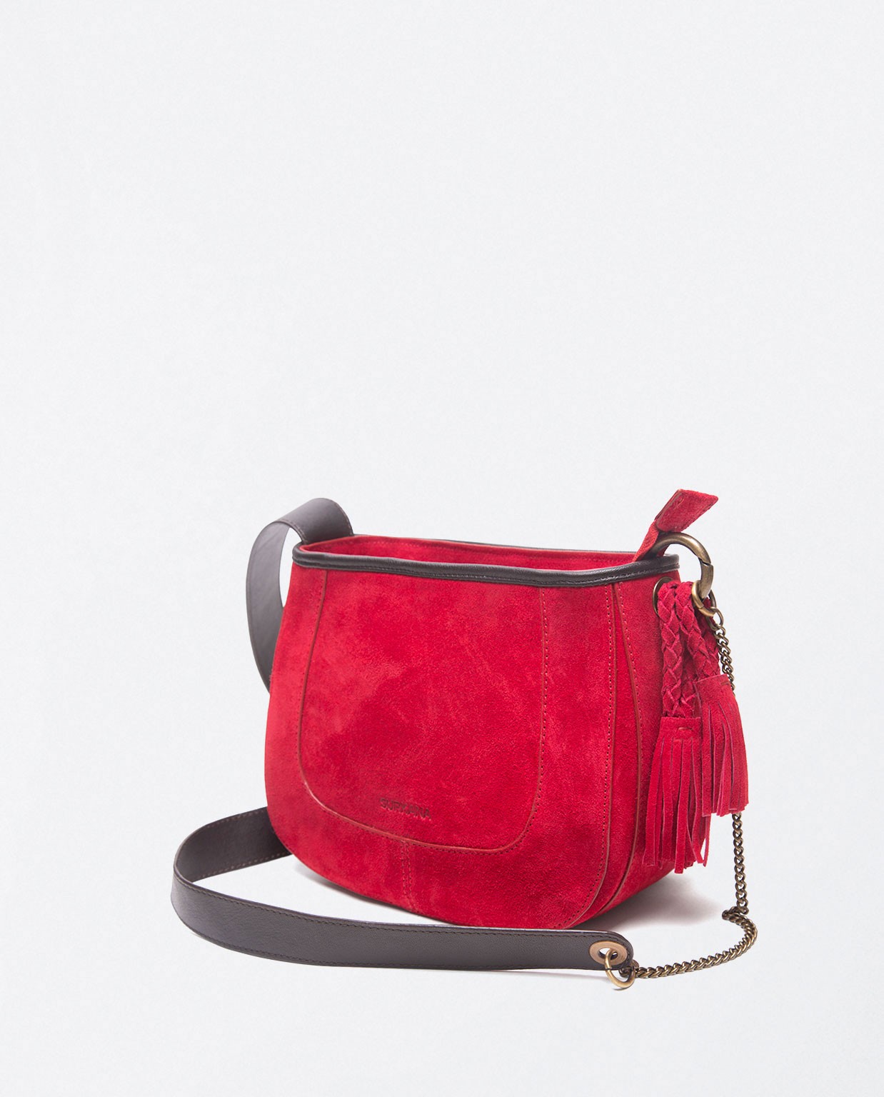 Leather shoulder bag with smooth tassel and handle Red