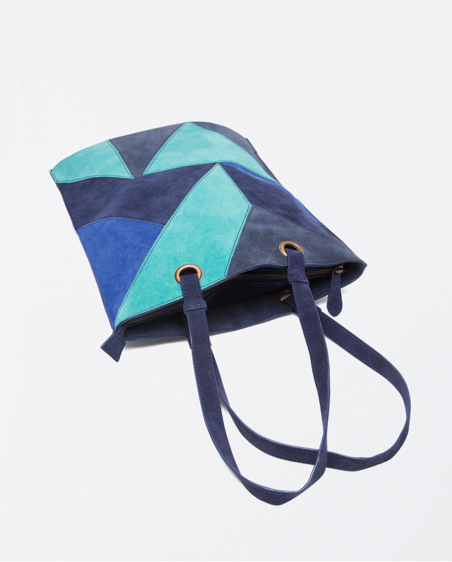 Geometric print leather flat shopper bag Blue