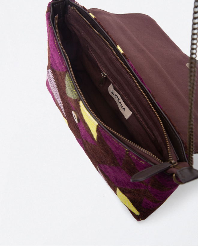 Printed jacquard chain shoulder bag with flap Brown