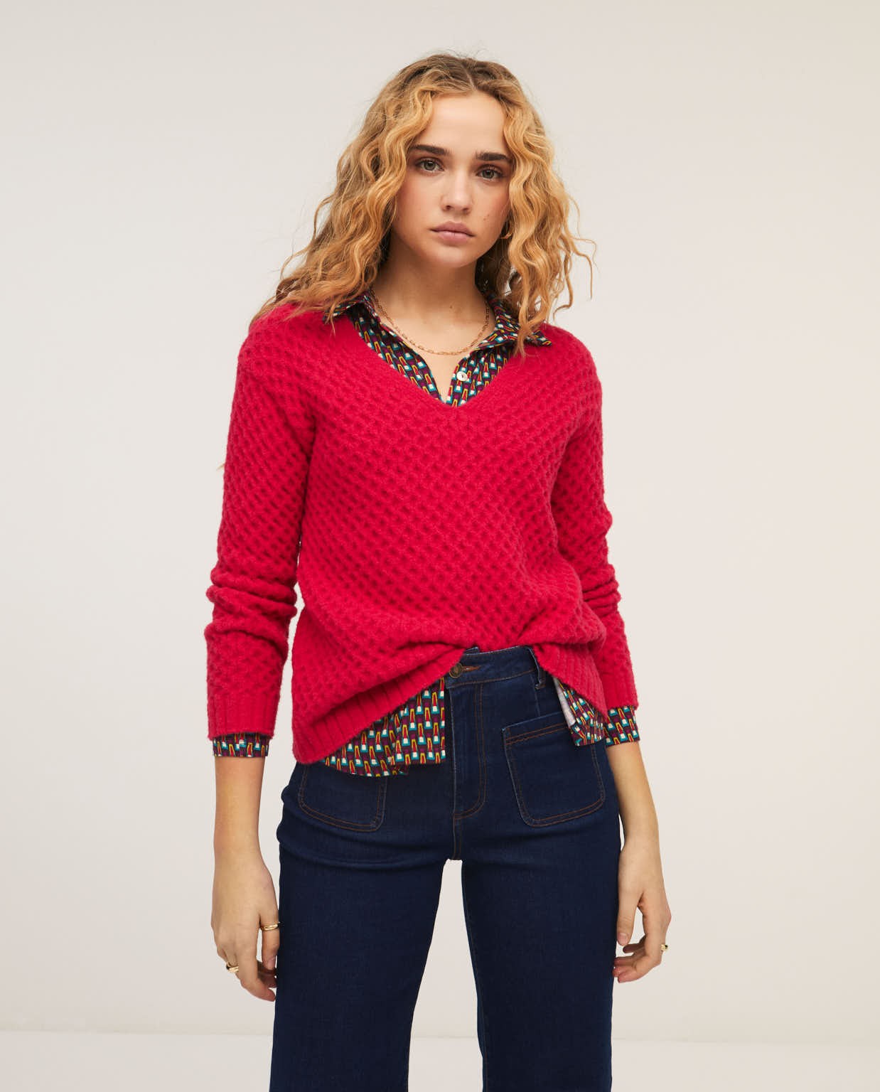 Pull en tricot col v  structure 8 Fushia