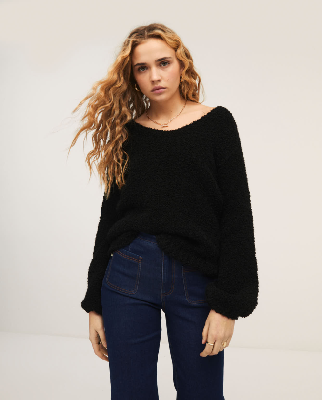 Tricot sweater v-neck and puffy sleeves Black