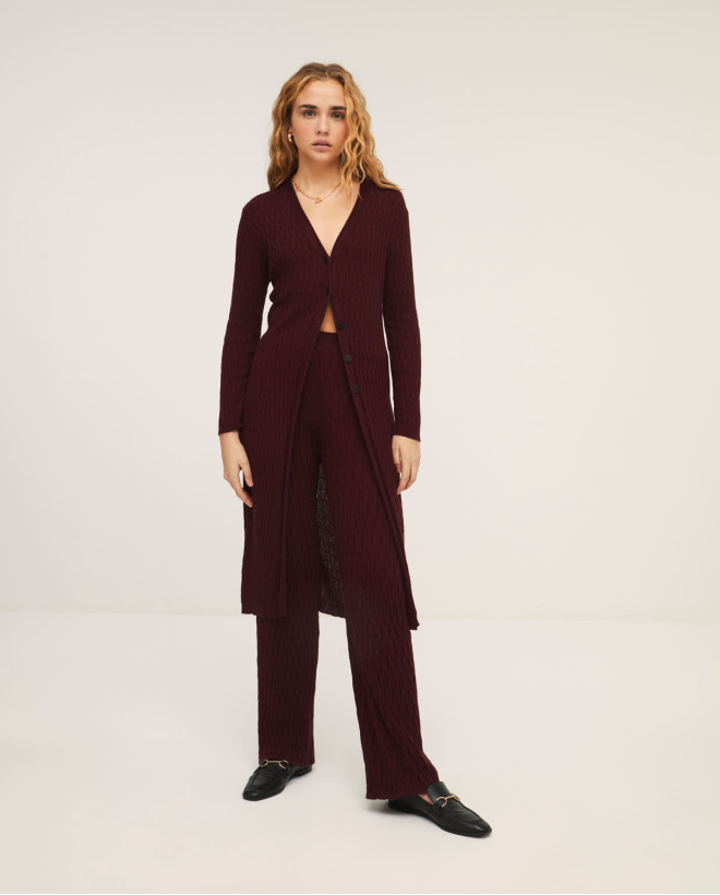 Tricot long cardigan with texture v-neck Bourdeaux