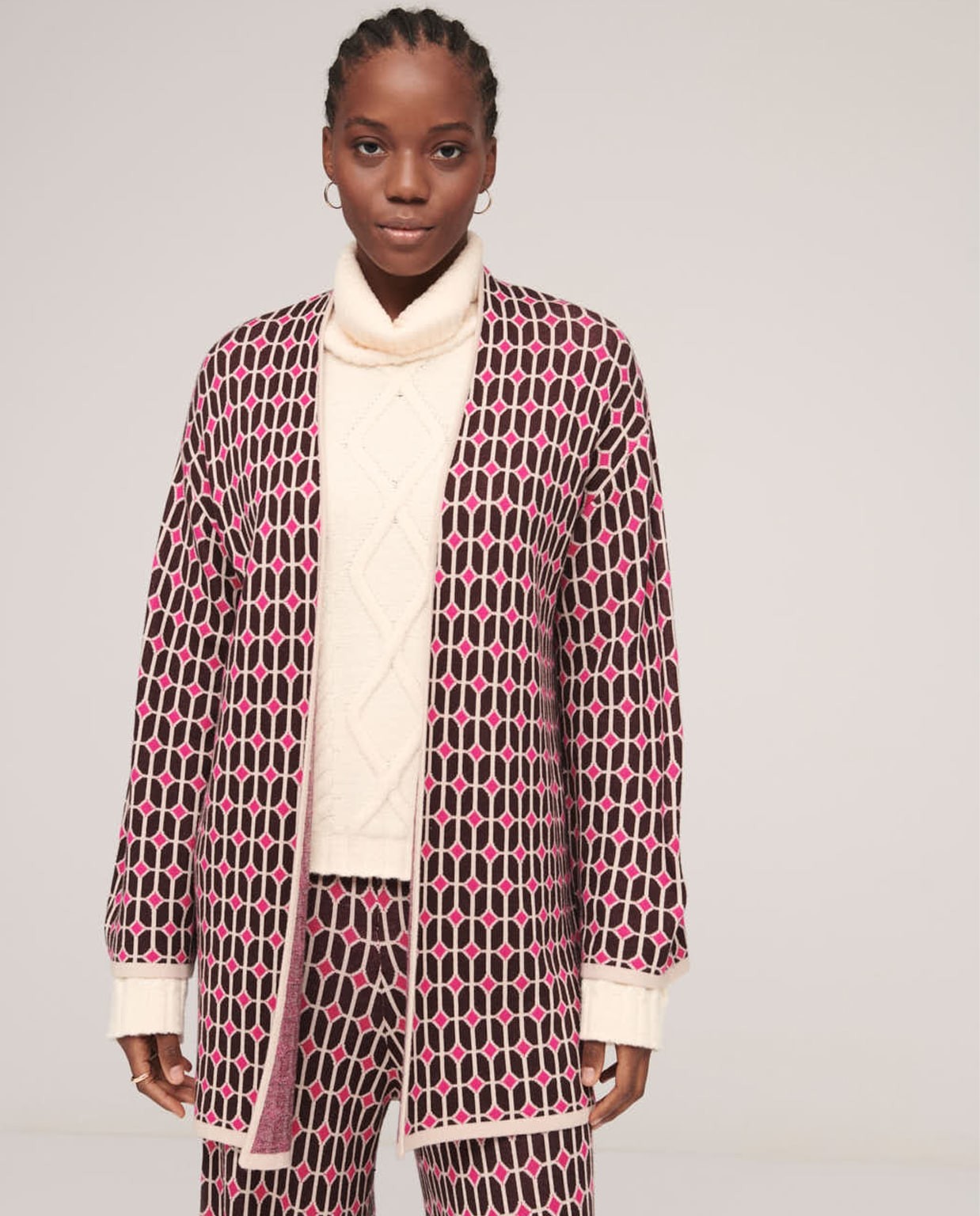 Cardigan de punto jacquard estilo kimono Fucsia