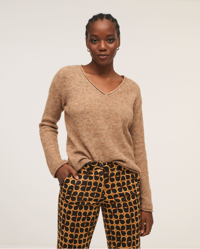 Pearly tricot sweater V-neck Brown