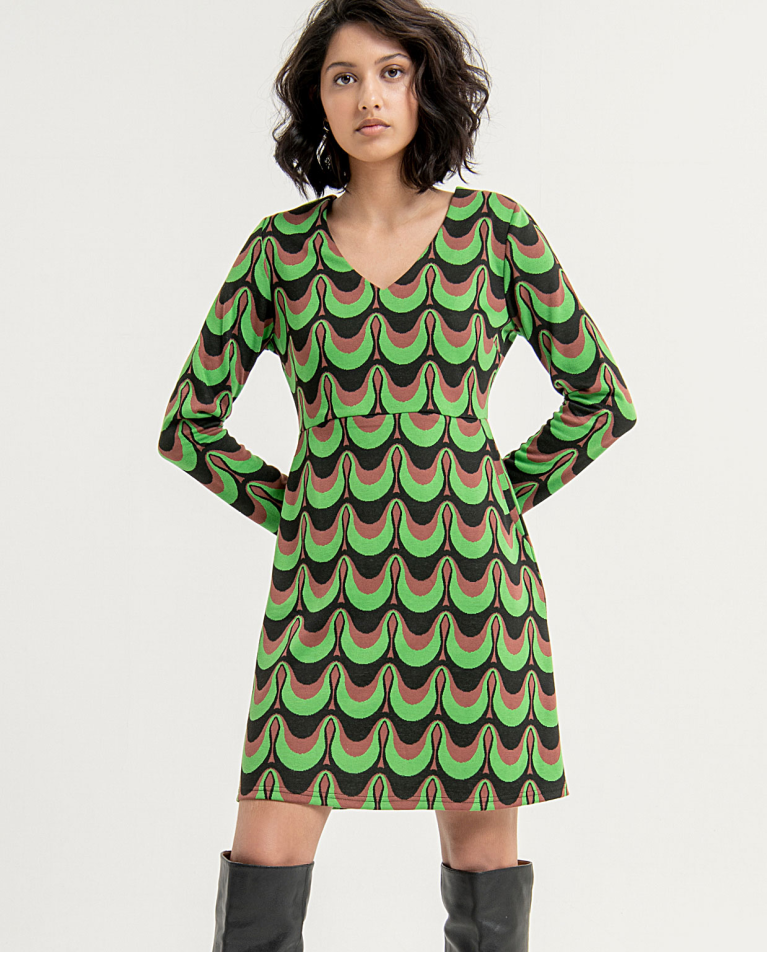 Robe courte imprimée avec col en V élastique et im Vert