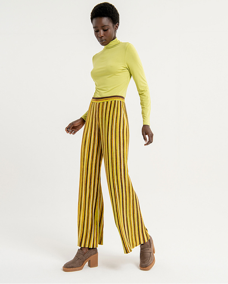 Pantalon flare imprimé rayé et côtelé Jaune