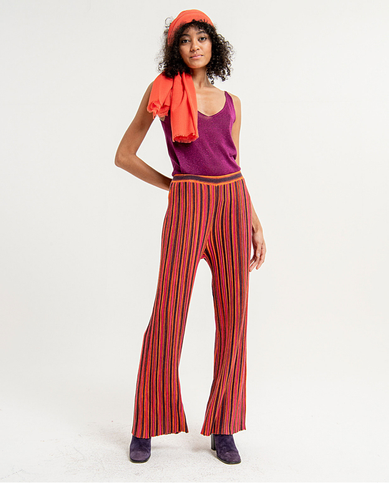 Pantalon flare imprimé rayé et côtelé Rouge