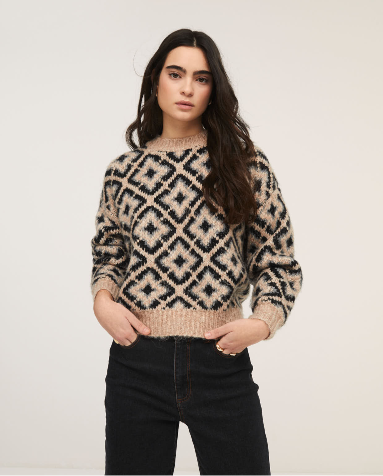 knitted jacquard crew neck jumper Stone