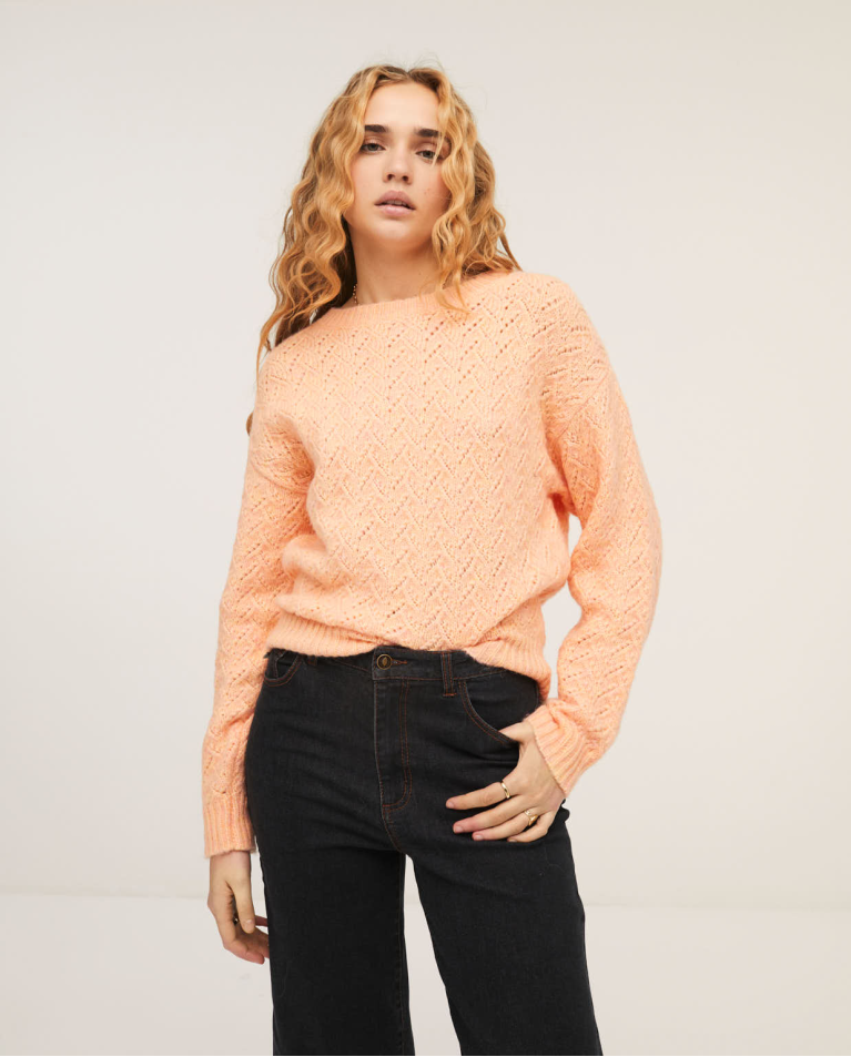 Pull en tricot tressé col rond Orange