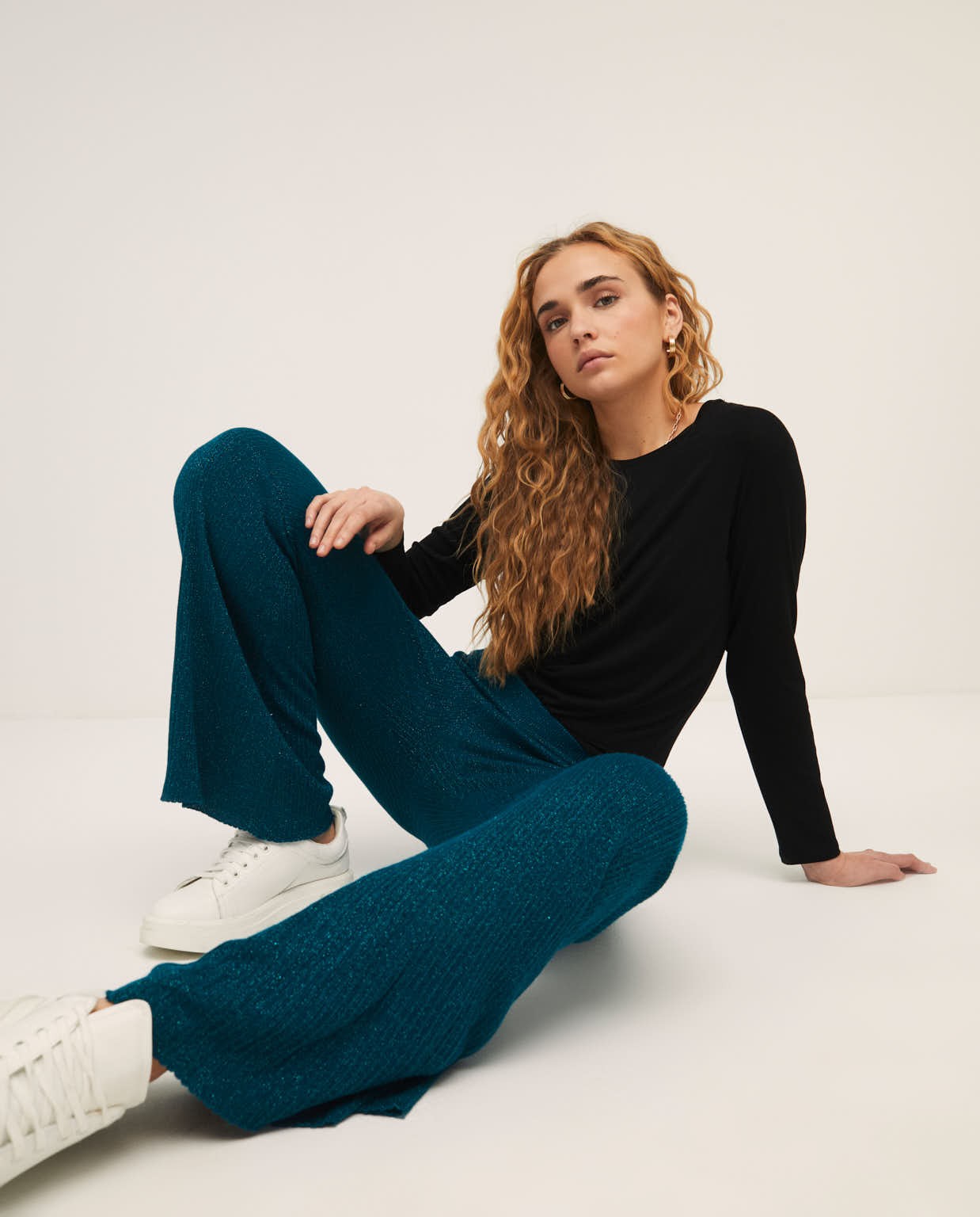 Ribbed knit flare trousers Turquoise