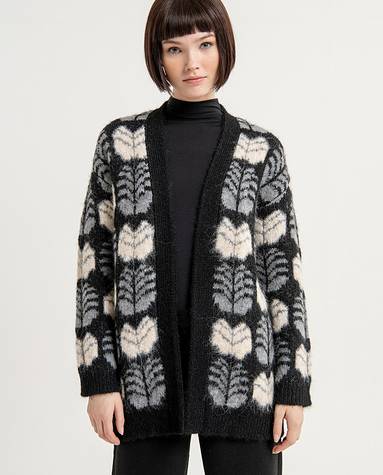 Printed jacquard open cardigan Black