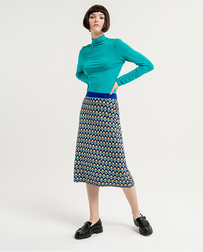 Printed knitted midi flared skirt Blue