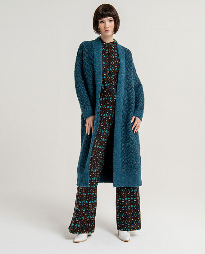 Cardigan midi ouvert en jacquard à chevrons Bleu