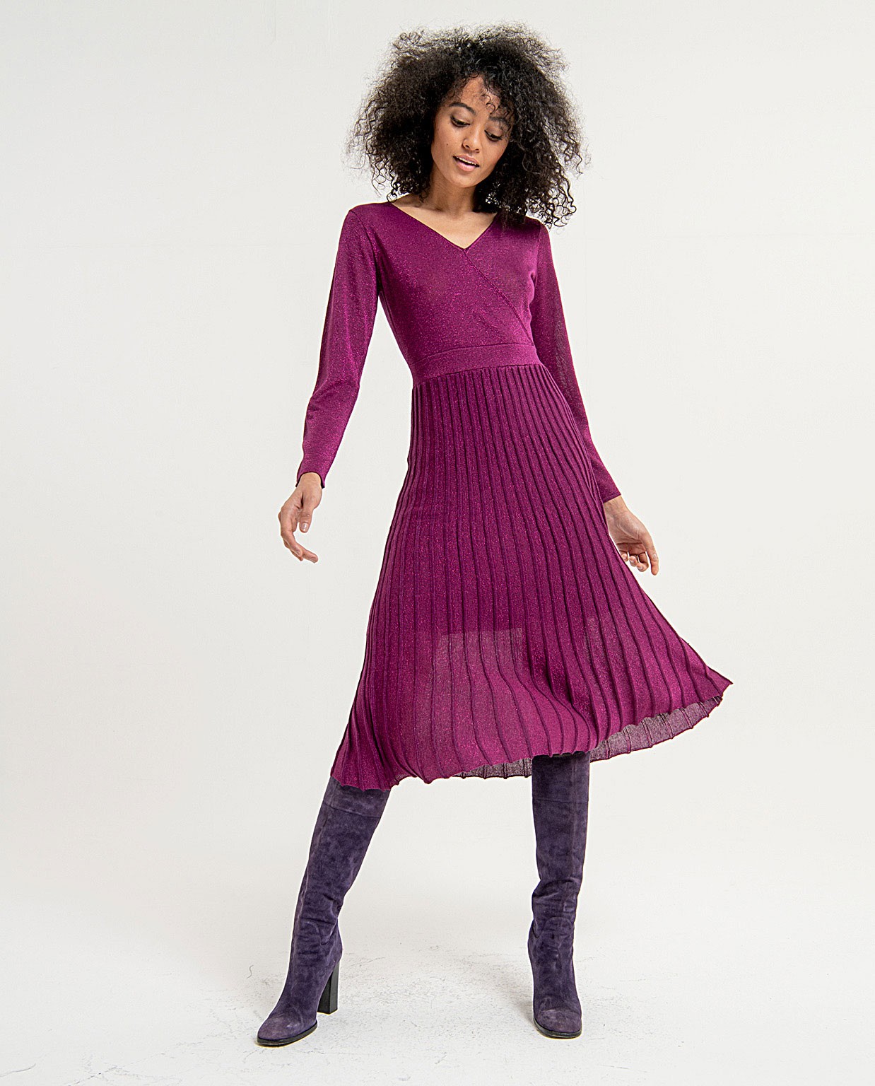 Flared lurex dress with plain V-neck Fuchsia