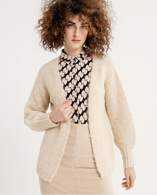 Plain open sleeve knitted cardigan with puffed sle Ecru