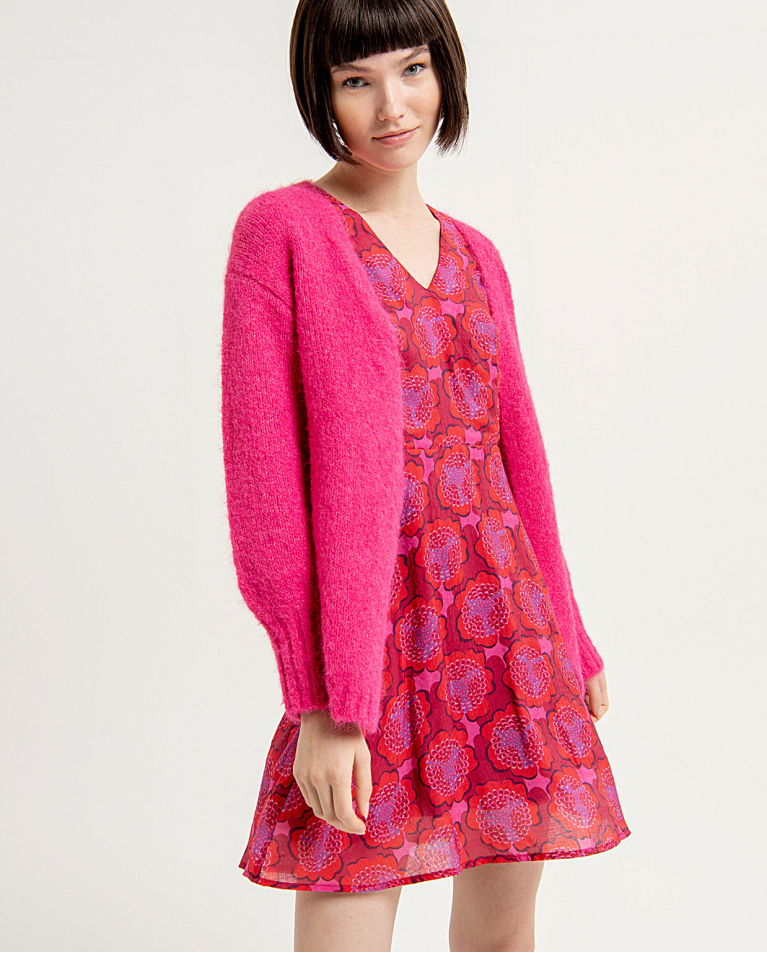 Cardigan en tricot uni à manches ouvertes et bouff Fushia