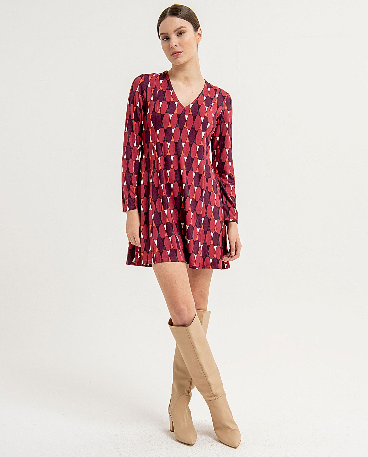 Printed V-neck floaty short dress Red