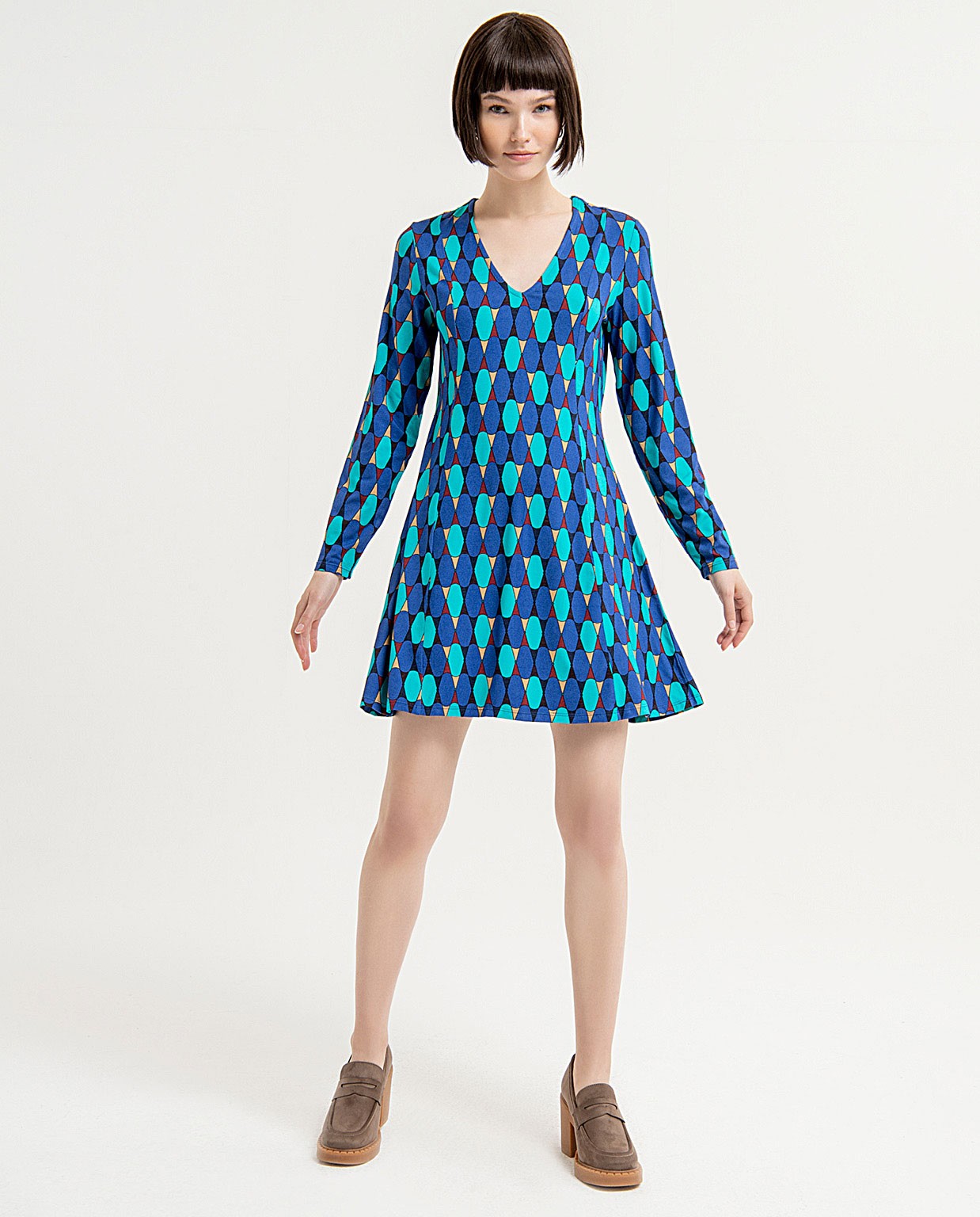 Printed V-neck floaty short dress Blue