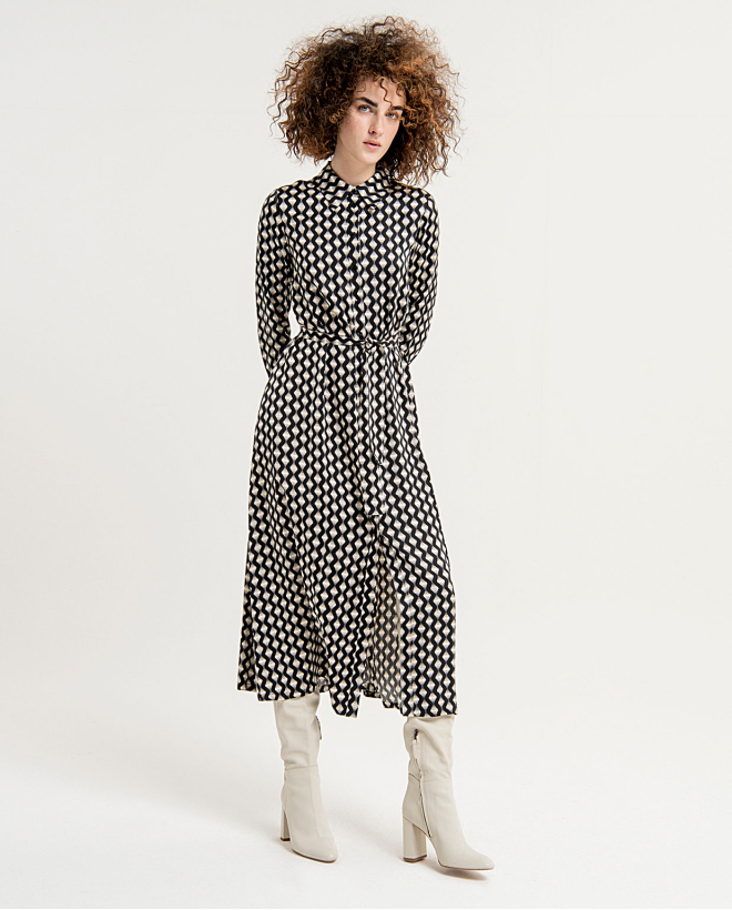 Printed long shirt dress with printed belt Black