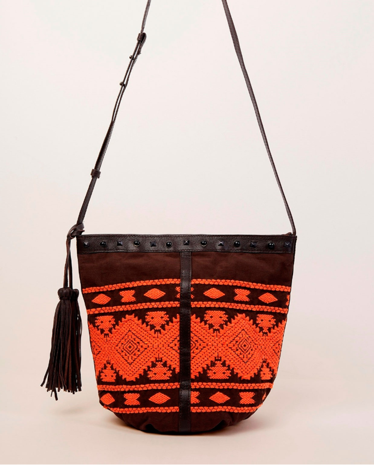 Studded and embroidered shoulder strap Brown