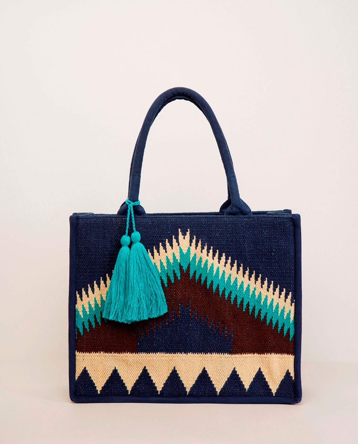 Sac shopper grand avec broderie géométrique. Bleu marine