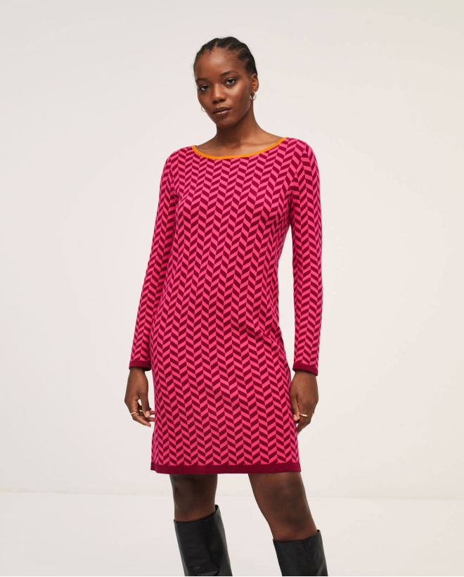 Tricot short dress with boat neck Fuchsia