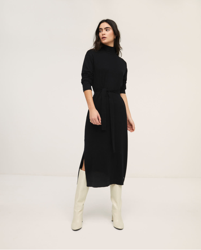 Tricot dress with high neck and belt Black