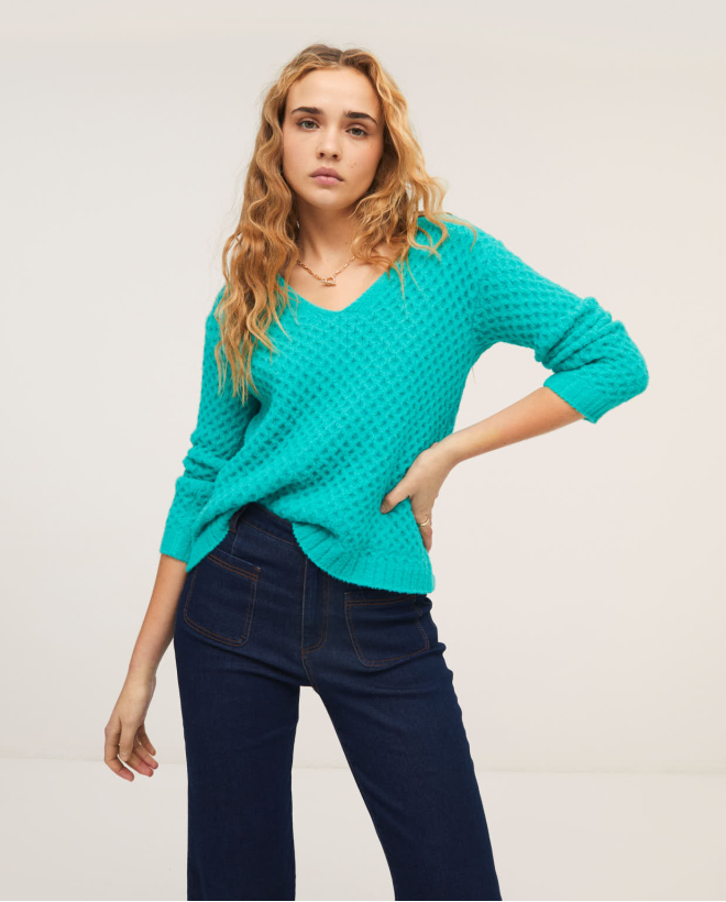 Pull en tricot col v structure 8 Turquoise