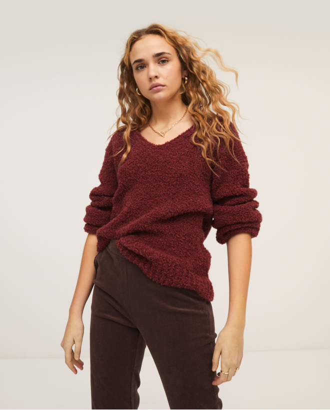 Pull en tricot col v manche volume Bordeaux