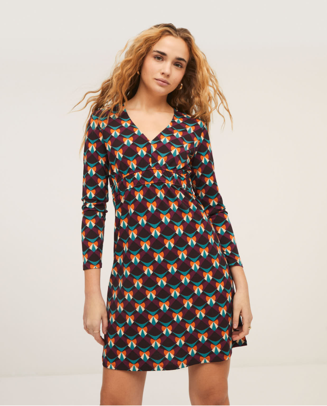 Printed dress with v-neck and gathers Multi