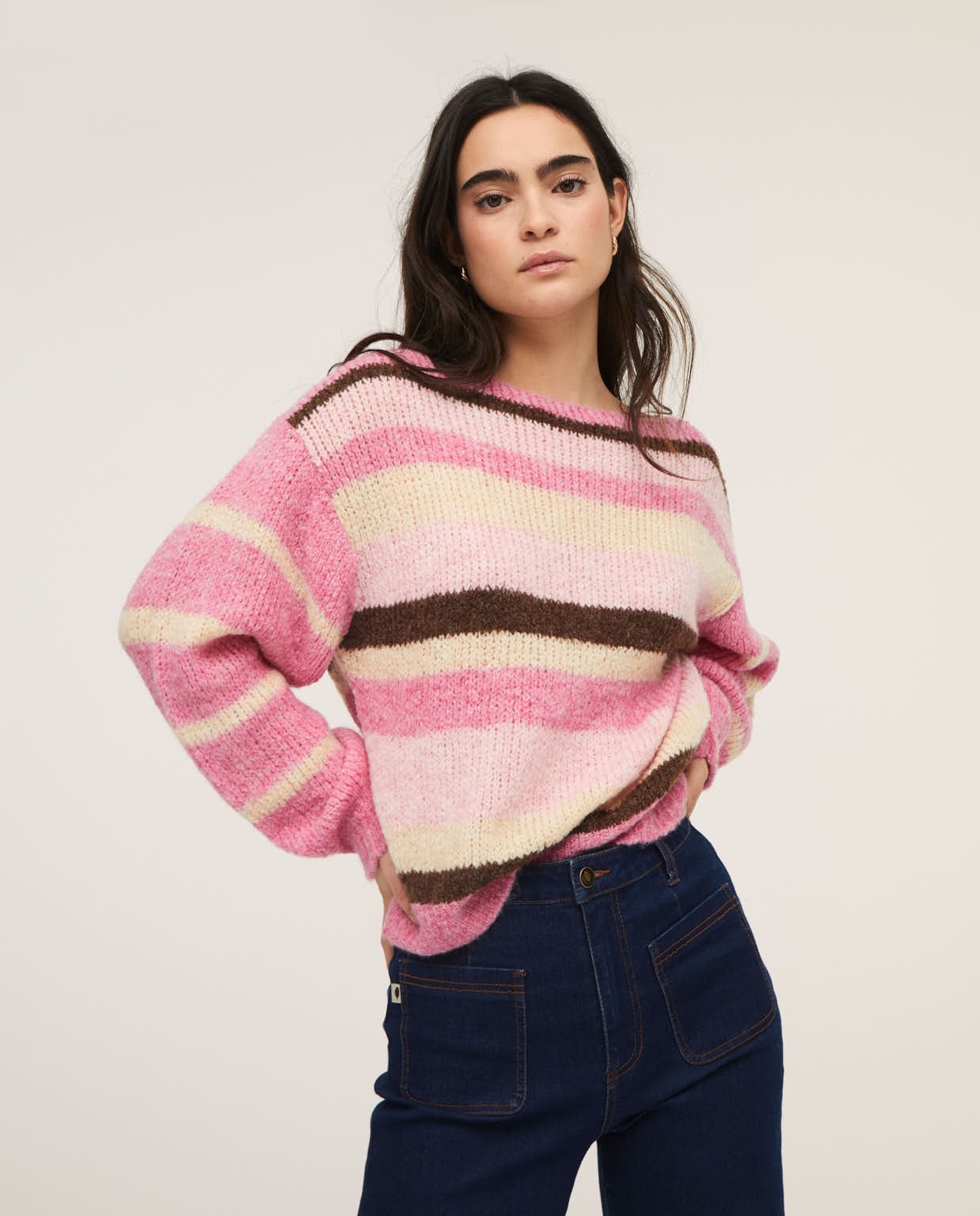 Sweater with stripes boat neckline Pink