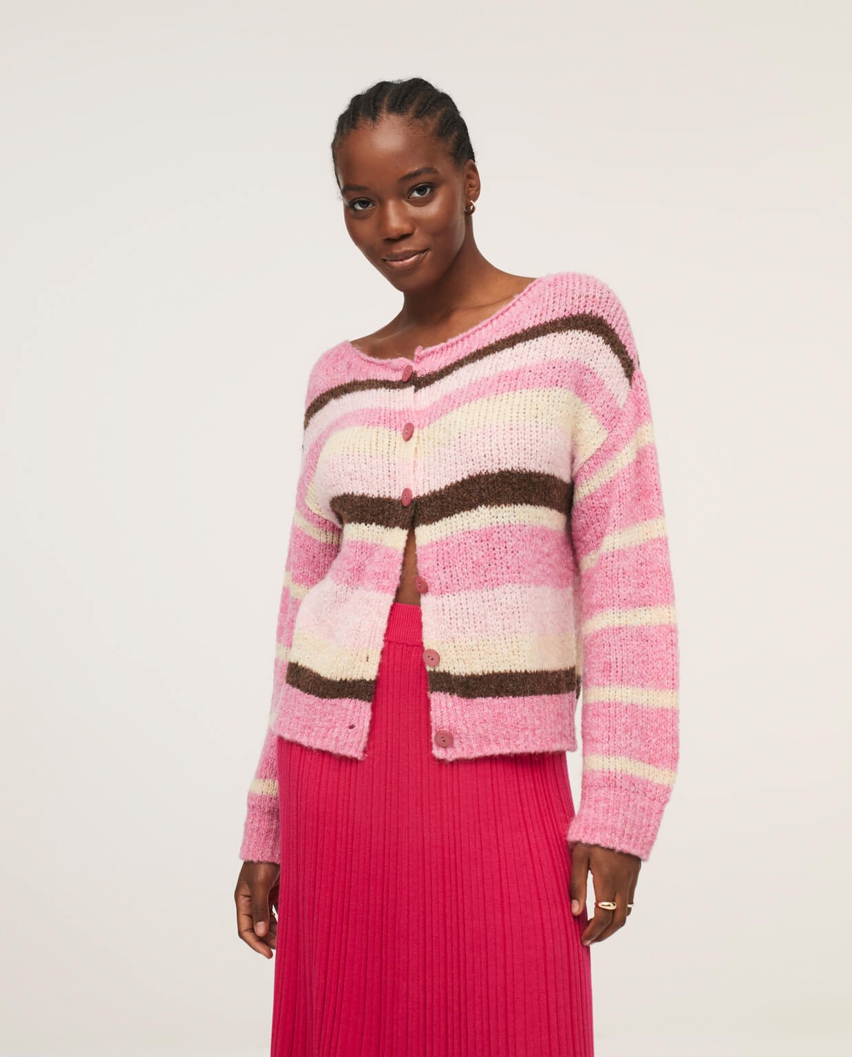 Cardigan with stripes boat neckline Pink